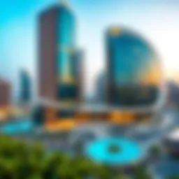 A panoramic view of Aldar Square showcasing its unique architectural design