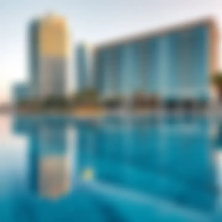 Reflections of Modernity: Aldar Square's Aesthetic The reflection of Aldar Square in the water, emphasizing its contemporary aesthetic