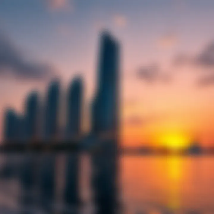 Sunset view of Arenco Tower reflecting on nearby water.