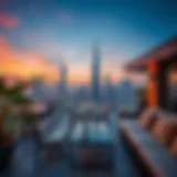 Luxurious rooftop lounge overlooking the Dubai skyline at sunset