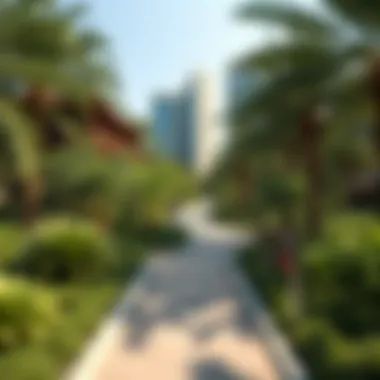 Lush Gardens of Central Park Meraas Lush gardens and walking paths within Central Park Meraas