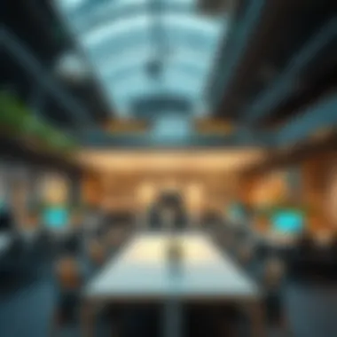 Innovative Design in Dubai Coworking Spaces Modern coworking space interior with collaborative workstations
