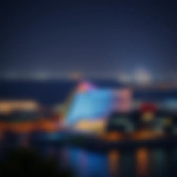 Illuminated Nightscape of the Crescent Nighttime view of the Crescent Palm Jumeirah illuminated with city lights.