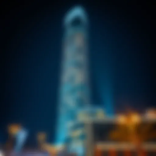 Daman Tower's striking facade illuminated at night