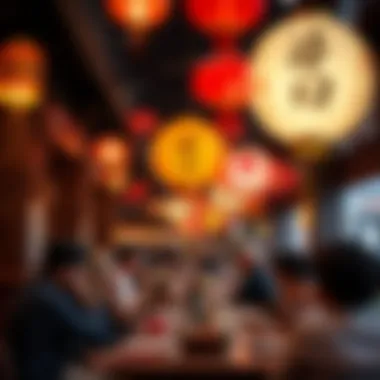 Guests enjoying a lively dining atmosphere with lanterns and decor typical of Chinatown.
