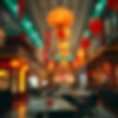 Vibrant interior design of a restaurant in Chinatown, showcasing cultural elements and ambiance.
