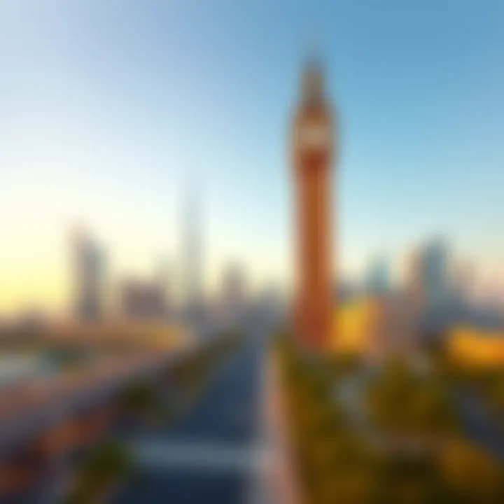 A panoramic view of the Clock Tower against the Dubai skyline.