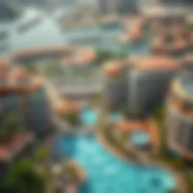 Aerial view of the luxurious lifestyle amenities surrounding Bluewaters Dubai.