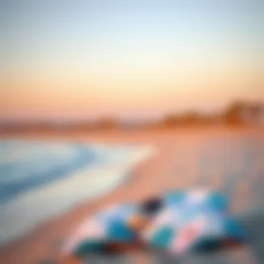 A serene early morning scene at La Mer Beach, with soft light illuminating the sandy shore and calm waters.