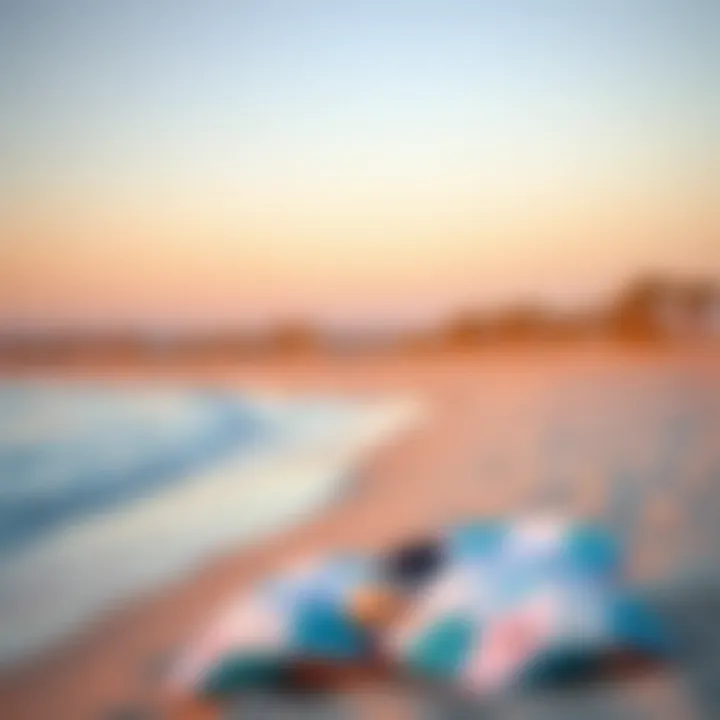 A serene early morning scene at La Mer Beach, with soft light illuminating the sandy shore and calm waters.