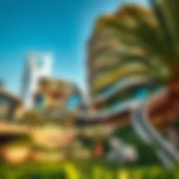 A stunning oasis-inspired architectural design in Dubai showcasing greenery amidst urban structures.