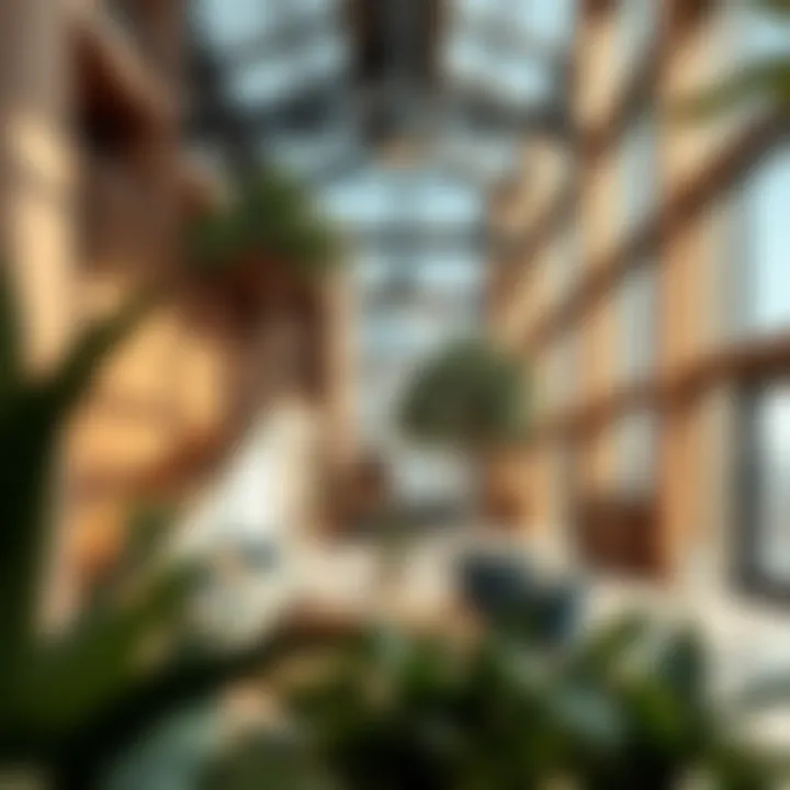 The interior of an oasis building, featuring natural light and sustainable design elements.