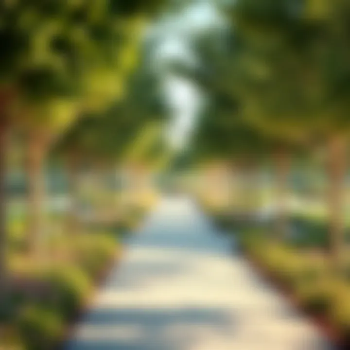 A beautifully designed walking path lined with trees and flowers in Pond Park