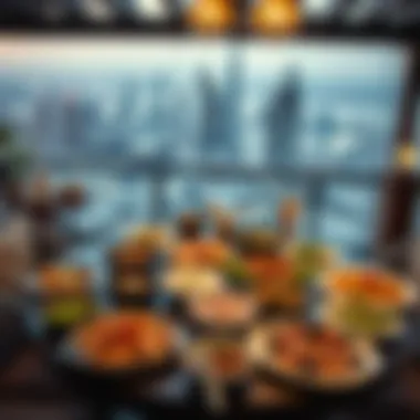 Diverse Culinary Offerings with City View A beautifully arranged table with a diverse culinary spread overlooking the city