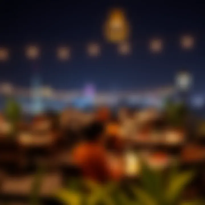 Lively Rooftop Dining Atmosphere at Night A lively atmosphere of patrons enjoying their meals under twinkling lights on a rooftop