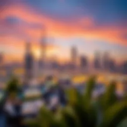 A stunning view of Dubai's skyline from a rooftop restaurant at sunset