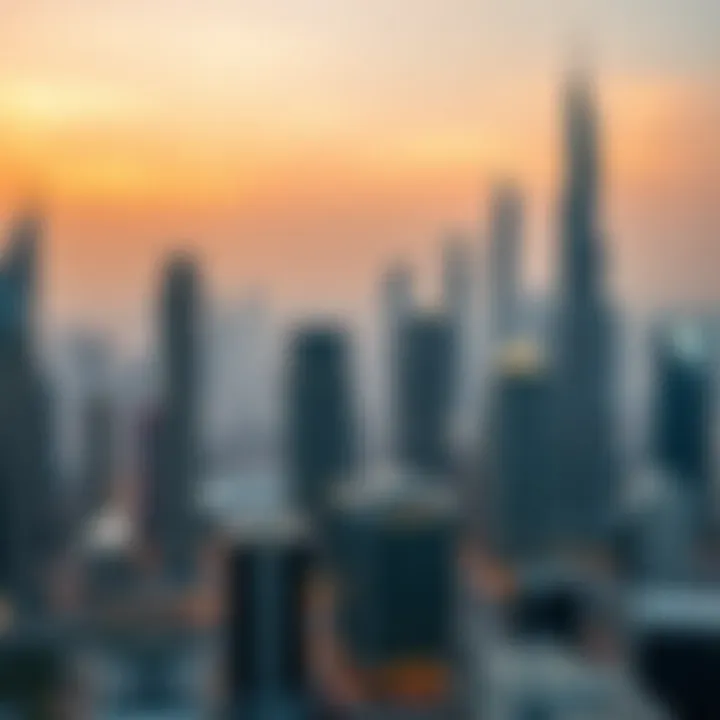 An urban skyline view of Dubai's Financial District at sunset