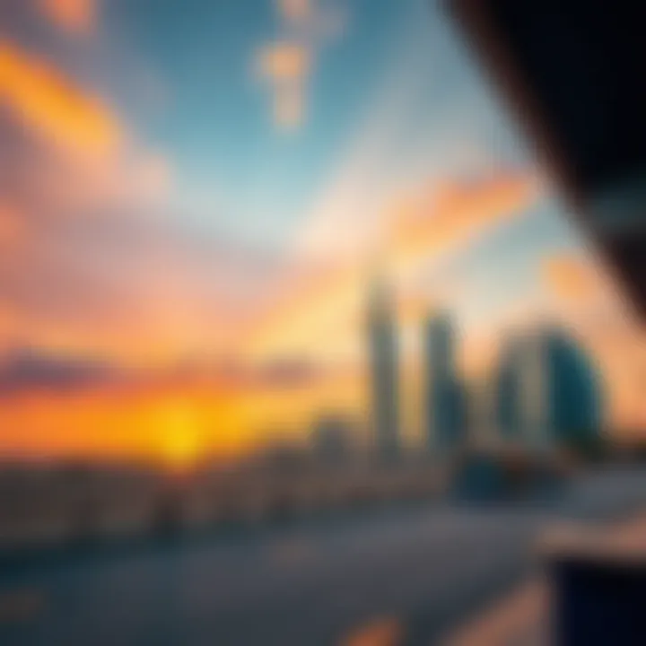 Sunset over Dubai's iconic skyline from the beachfront