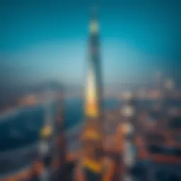 Aerial view of the Millennium Tower showcasing its unique architectural design against the Dubai skyline.