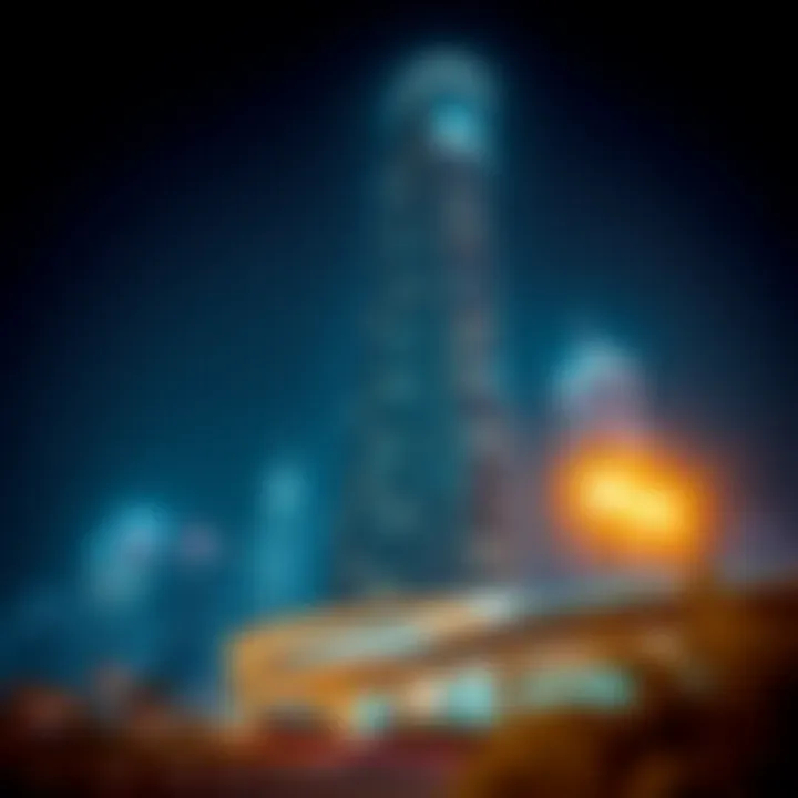 Millennium Tower at Night Night view of Millennium Tower illuminated, showcasing its prominence in the vibrant Dubai nightlife.