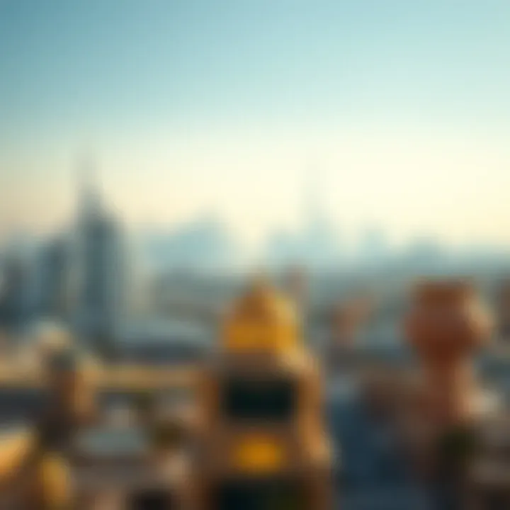 A skyline view of Dubai with سوق شرق in the foreground, emphasizing its significance in the city.