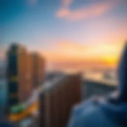 Luxurious view of Dubai Marina hotels at sunset