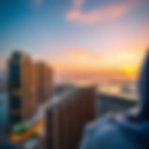 Luxurious view of Dubai Marina hotels at sunset