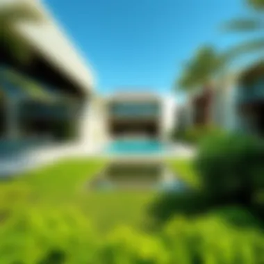 Architectural elegance of MIRAQL Garden's modern structures amidst lush greenery