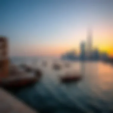 Sunset Serenity at Grand Dubai Creek A breathtaking view of the Grand Dubai Creek at sunset, showcasing the vibrant skyline and traditional dhows.