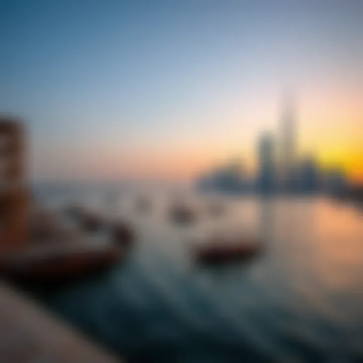 Sunset Serenity at Grand Dubai Creek A breathtaking view of the Grand Dubai Creek at sunset, showcasing the vibrant skyline and traditional dhows.