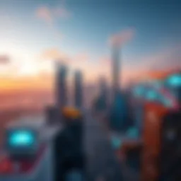 Aerial view of a modern Internet City showcasing skyscrapers and digital screens