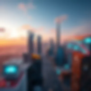 Aerial view of a modern Internet City showcasing skyscrapers and digital screens
