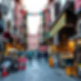 A vibrant street view of Meena Bazaar showcasing colorful shops and bustling activity.