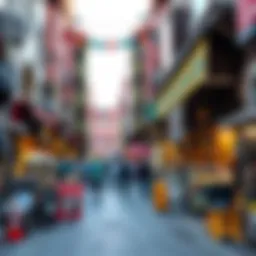 A vibrant street view of Meena Bazaar showcasing colorful shops and bustling activity.