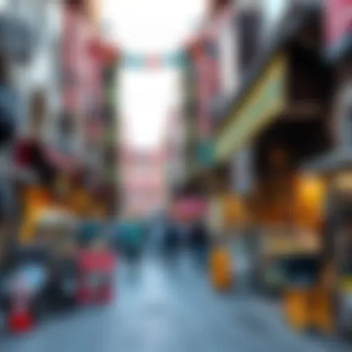 A vibrant street view of Meena Bazaar showcasing colorful shops and bustling activity.