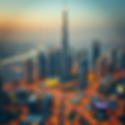 Aerial View of Dubai Skyline with مركز بن سوقات Aerial view of the vibrant Dubai skyline featuring the center