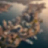 Aerial view of Blue Water Island showcasing its proximity to metro stations