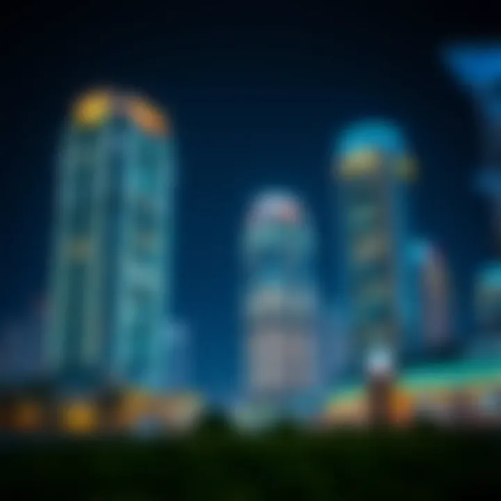 Night view of illuminated business towers in Business Bay
