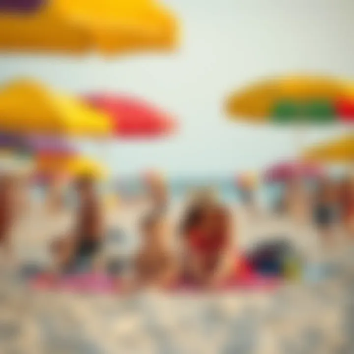 Family enjoying the beach with vibrant umbrellas and towels spread out