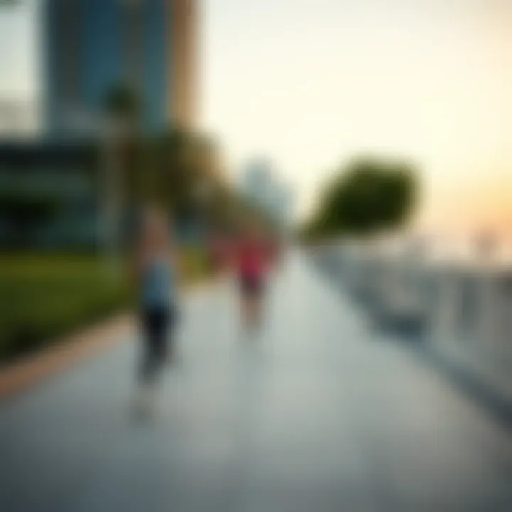 Joggers along the beachfront promenade surrounded by greenery