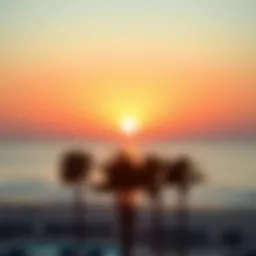 Sunset view over Dubai's Open Beach with silhouettes of palm trees