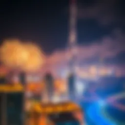 Celebratory fireworks lighting up the sky over the UAE skyline.