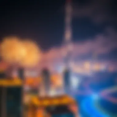 Celebratory fireworks lighting up the sky over the UAE skyline.