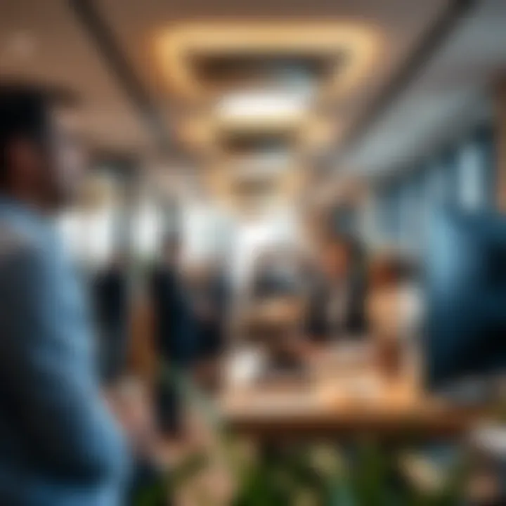 Navigating Investments: Inside Dubai's Real Estate Market A bustling real estate office with professionals discussing property investments