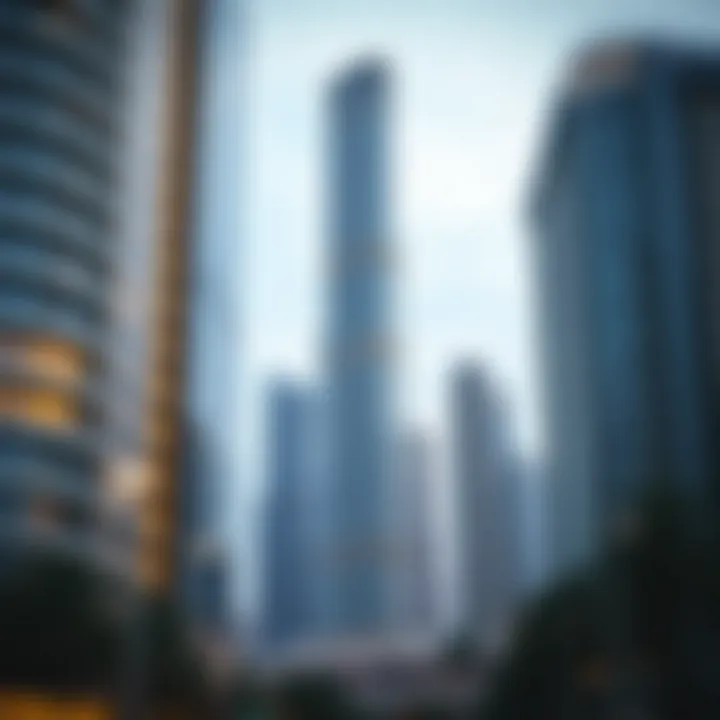 A stunning view of The Exchange Tower showcasing its modern architecture against the Dubai skyline