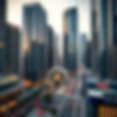 The bustling financial district surrounding The Exchange Tower, highlighting its significance as a business hub