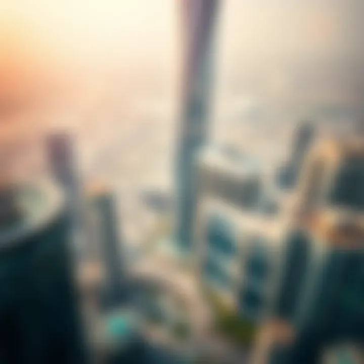 Aerial perspective of The Exchange Tower and its impact on the urban landscape of Dubai