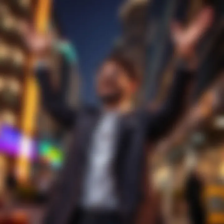 A successful individual celebrating career achievements in an urban environment