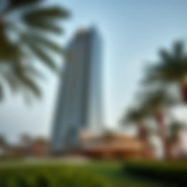 Ground view of The Palm Tower with surrounding landscape and architecture