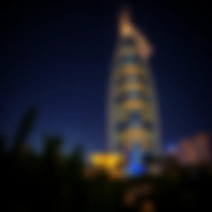 Night view of The Palm Tower illuminated with stunning lights